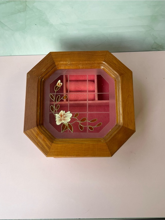 Mele Other - Vintage Mele Octagonal Wooden Jewelry Box Stained Glass Floral Top 1980s